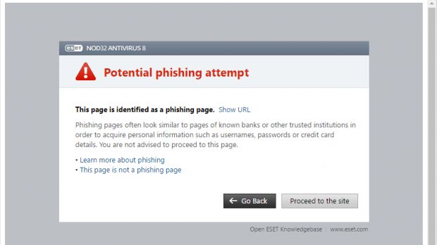 Phishing page blocked by ESET