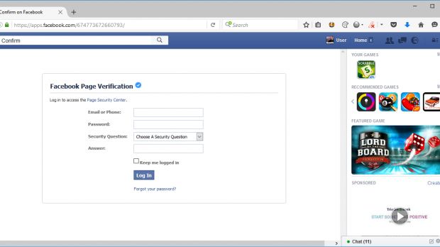 A phishing page on Facebook's main website