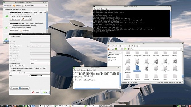 RaspEX’s Desktop while Wicd is running (for configuration of a wireless connection)