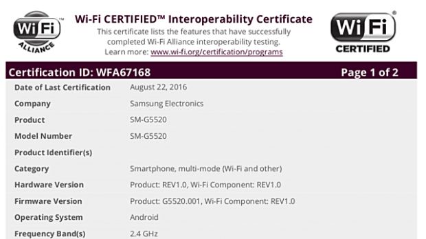 WiFi certification for Samsung SM-G5520