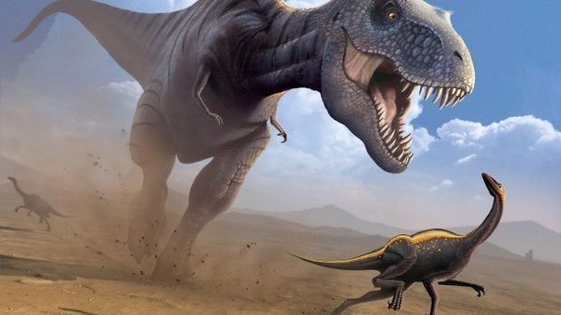 Artist's rendering of T. rex chasing its prey