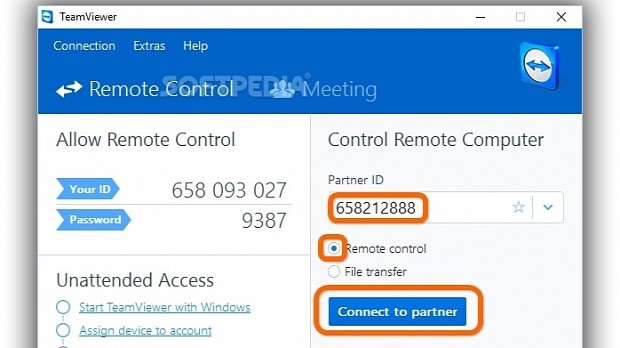 Enter your partner's ID to gain access remotely using TeamViewer