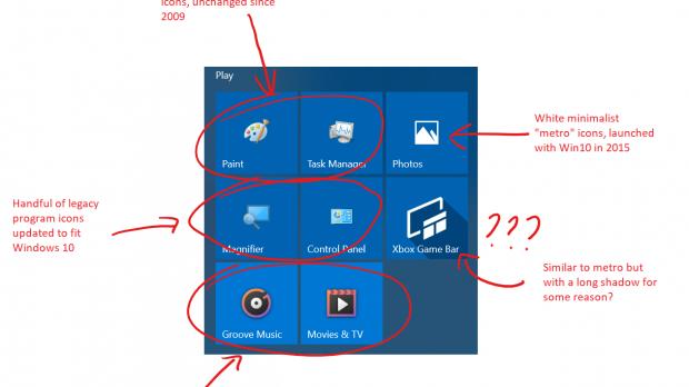 Different icon designs in Windows 10
