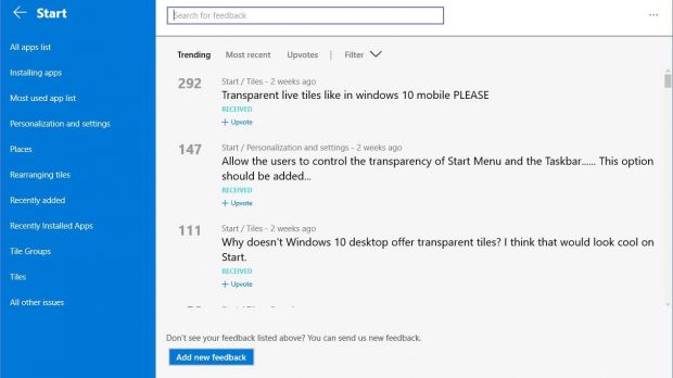 Users voting for live tile transparency in Windows 10