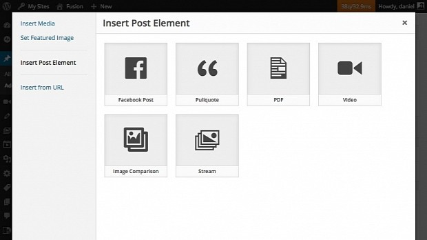 New elements can be added to a post via an Add Media popup
