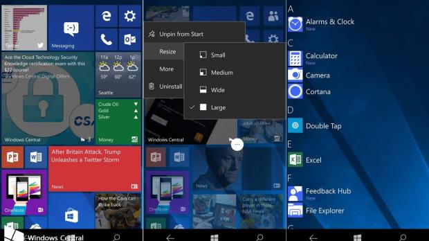 Start screen on Windows phones with context menu