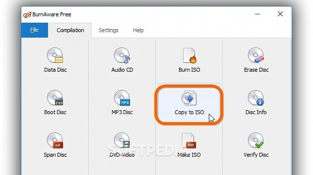 Click Copy to ISO in the main menu of BurnAware Free to create an ISO image from a disc