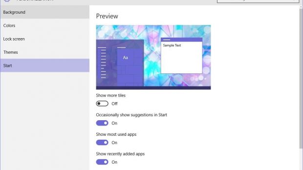 Settings to enable more tiles in Start menu