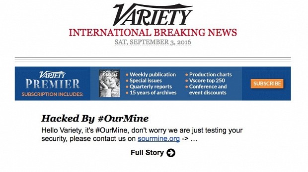 Defacement message on the Variety homepage