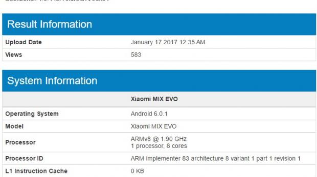 Xiaomi Mi MIX EVO listing at Geekbench