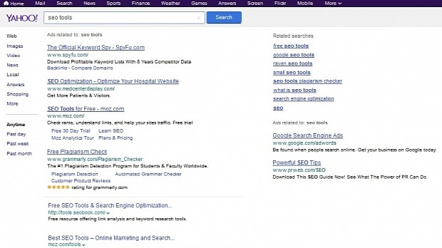 Yahoo showing Bing-powered search results and ads