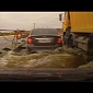 Cars, Truck Cross Russian River on Floating, Flooded Bridge