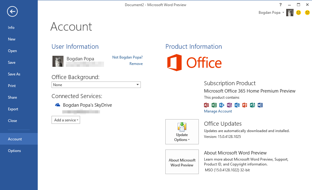 office 2013 account user information
