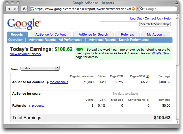 Adsense money Preview. Reported search