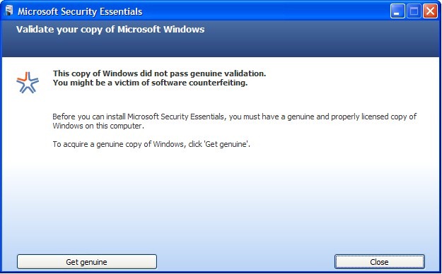 validate your copy of windows microsoft security essentials