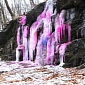 Pink-Colored Ice Waterfall Amazes Passersby in Manhattan Park