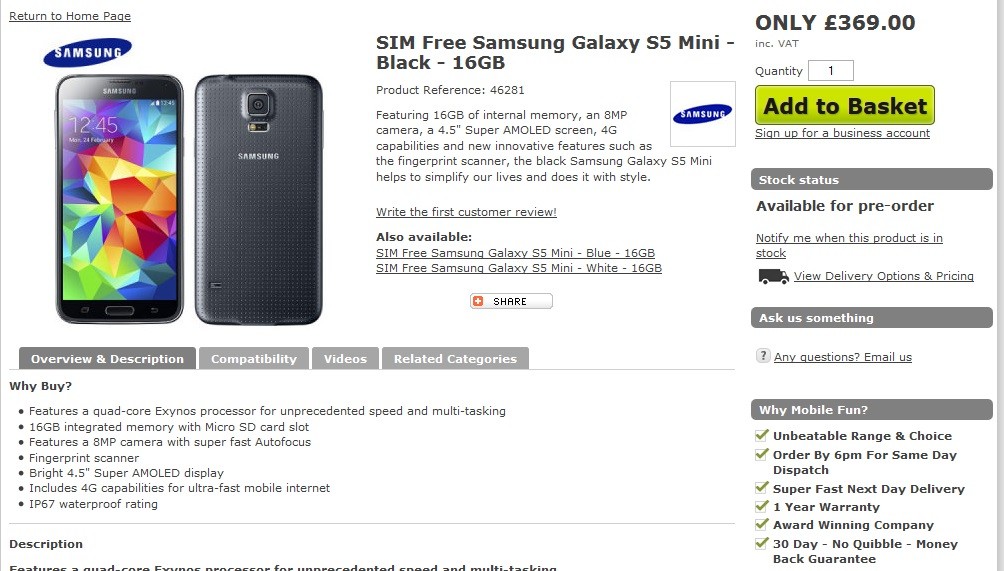 Samsung Galaxy S5 Mini On Pre Order In The Uk At 369 460 99 627