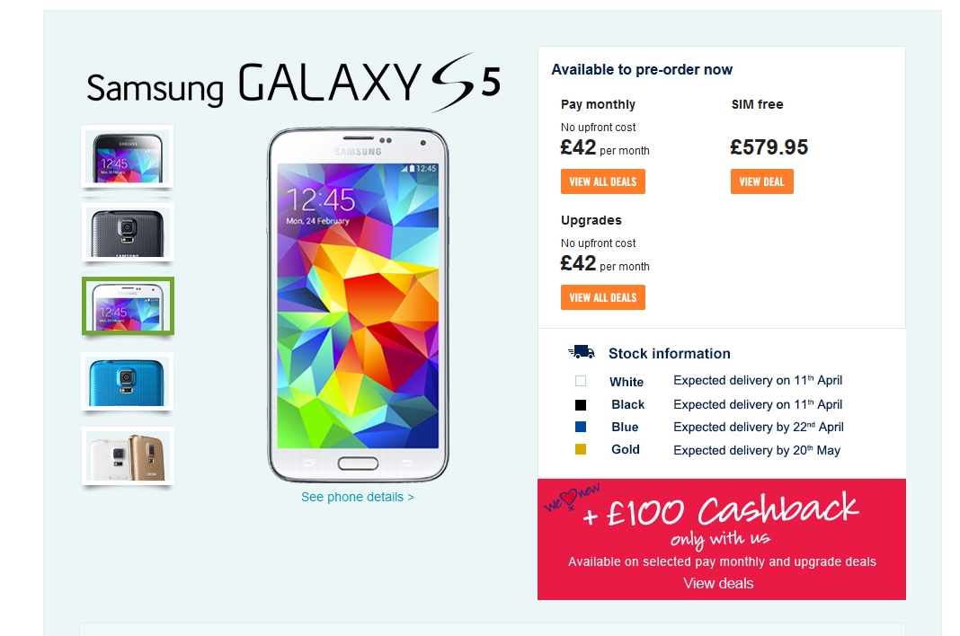 Samsung Galaxy S5 On Pre Order At Carphone Warehouse Ships On