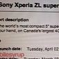 Sony Xperia ZL Confirmed to Arrive in Canada on April 2