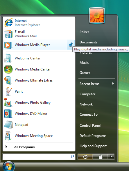 windows 7 start menu items