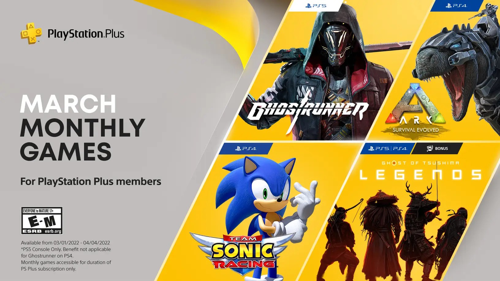 Ghostrunner, Ark Survival: Evolved, Team Sonic Racing Added to PS Plus in March