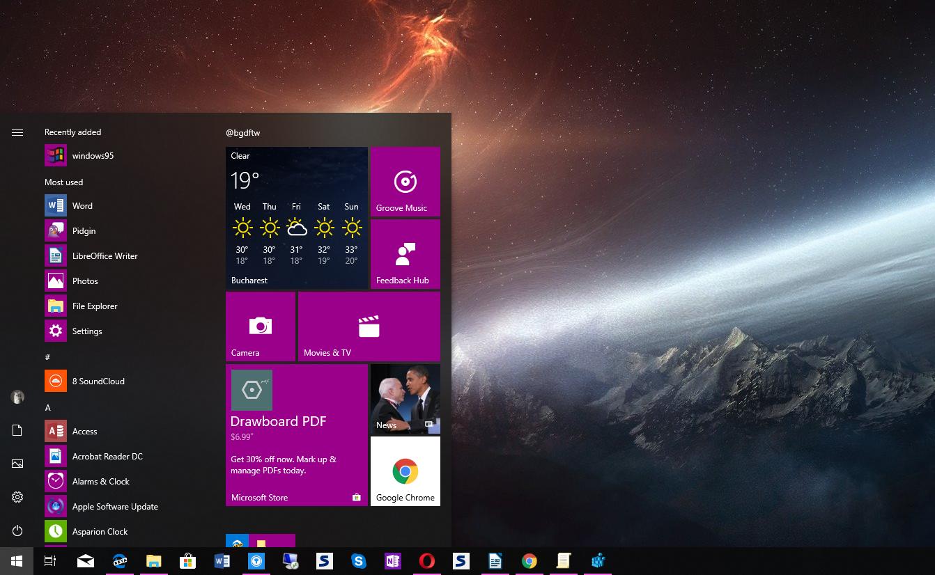 One of my past Start menu layouts with a purple accent color