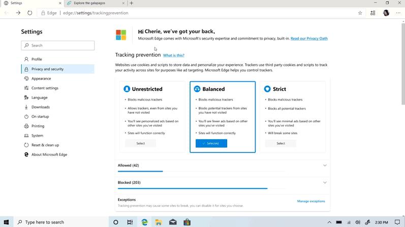 Privacy options in Chromium-based Microsoft Edge browser