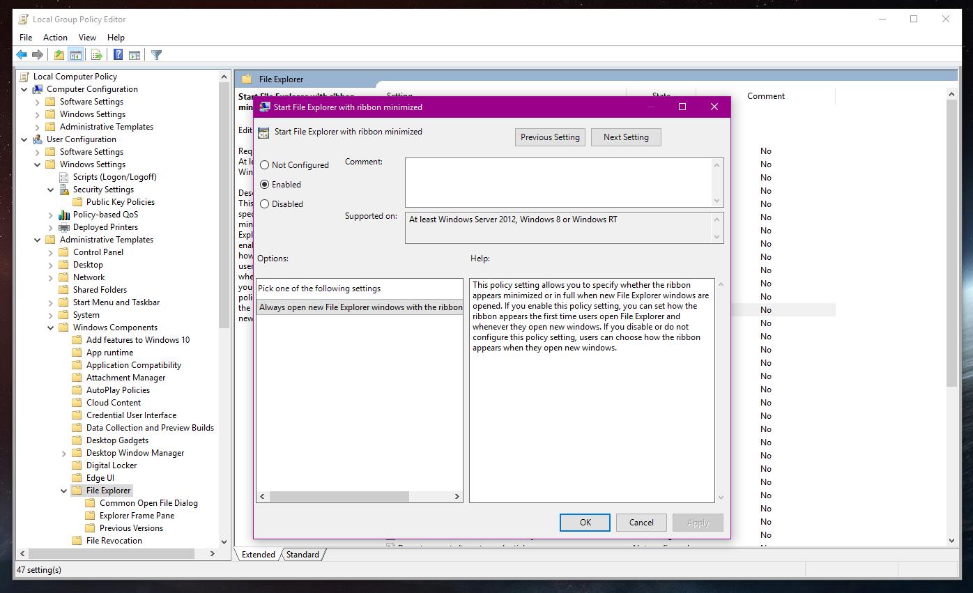 Configuring the ribbon in Group Policy Editor