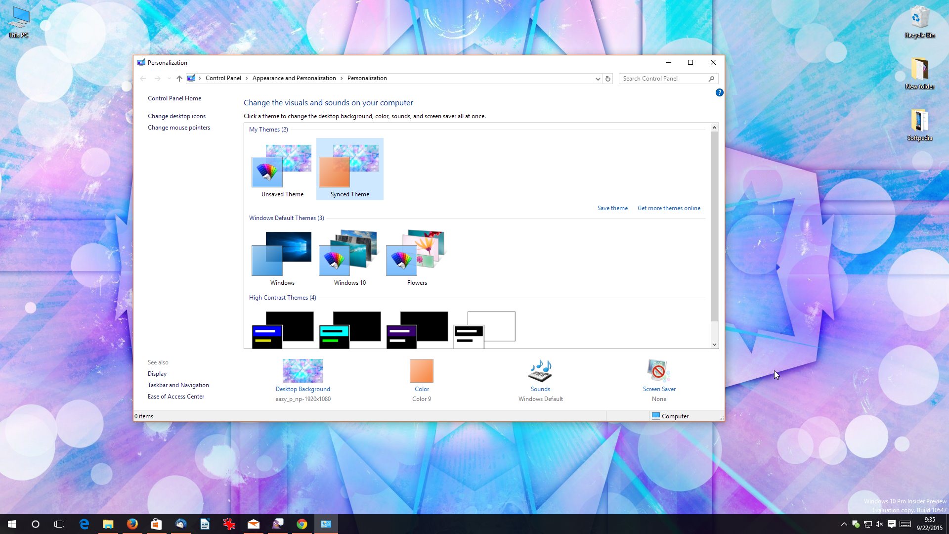 personalization panel for windows 10