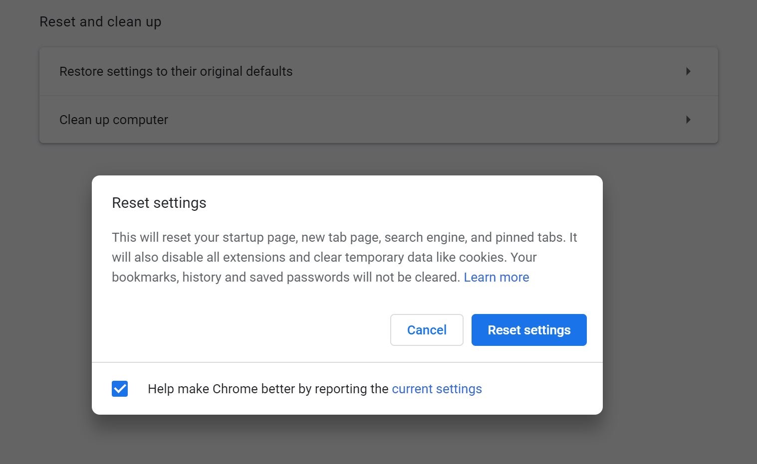 Resetting Google Chrome to Default Settings