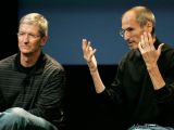 Steve Jobs and Tim Cook speaking at the same event