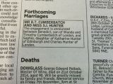 The ad in The Times announcing Benedict Cumberbatch’s engagement runs on page 57