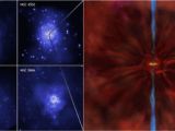 To the left, images of four galactic nuclei, taken by the Chandra X-ray observatory; in the right side image, the impression of the supermassive black hole in one of the nuclei