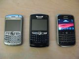 BlackBerry 9000, on the right, compared to a BlackBerry Curve (left) and a BlackBerry 8800 (center)