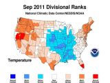 This is a September 2011 temperature divisional rank map