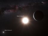 Alpha Centauri Bb orbiting its star with Alpha Centauri A close by and the Sun in the distance, the brightest outside object in its sky