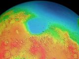 Mars is home to lowlands (blue) and volcanic fields (yellow to red)