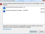 Firefox warning dialog about disabling the .NET Framework Assistant extension and Windows Presentation Foundation plug-in