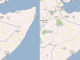A region of the updated border between Somalia and Ethiopia in Google Maps - before (left) and after (right)