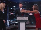 Jennifer Aniston is delighted to see her friend and former co-star Lisa Kudrow on Kimmel