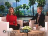 Jennifer Aniston is almost bursting out of her top on Ellen segment