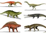 Various Crurotarsans: clockwise from top left: Effigia, Shuvosaurus, Rutiodon, Postosuchus, Lotosaurus and Desmatosuchus