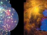 Orion Nebula and its bubble of hot plasma; to the left, a X-ray image from the XMM Newton, to the right, a composite image in the X-ray and mid-infrared spectrum