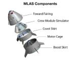 The Max Launch Abort System test vehicle is composed of four major structural components. From the top, they are the forward fairing, the crew module simulator, the coast skirt and the boost skirt