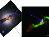 Centaurus A in visible light to the left and a composite image to the right, the spiral arms are in green, infrared image in red - from organic molecules and dust, and X-ray in blue - the stream emanating from the supermassive black hole in the middle of 