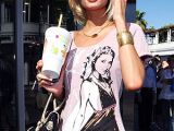 Paris running errands in Los Angeles wearing her own face on a T-shirt