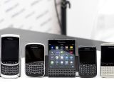 BlackBerry Passport, in the center of the photo, is the current flagship of the Canadian company