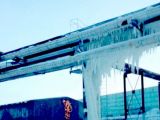 Massive icicles hang from buldings