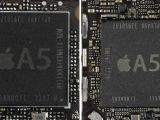 Apple's A5 in 45 nm on the left and 32 nm on the right