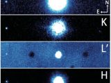 Infrared images of the HAT-P-7 system shot in four infrared bands; HAT-P-7 is in the center, HAT-P-7B is to the left